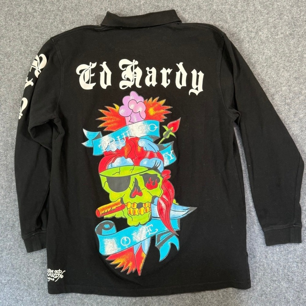 VTG Ed‎ Hardy Mens Black Long Sleeve Tattoo Graphic Polo Shirt True To Love 2XL